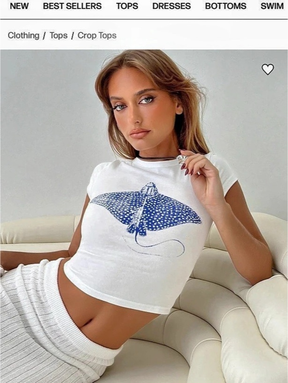 Princess Polly Sting Ray Tee White Blue Cropped Tee XS